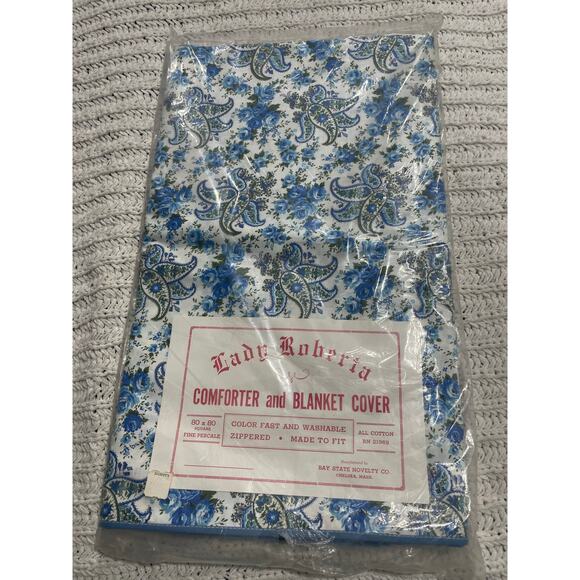 VTG NIP Lady Roberta Comforter Blanket Cover 80x80 Percale Floral Blue Cotton - Picture 1 of 5
